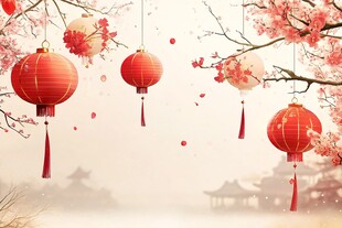 红灯笼映繁花中式美景