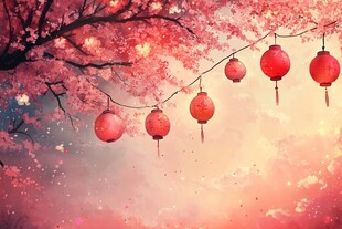 樱花下的红灯笼梦幻场景