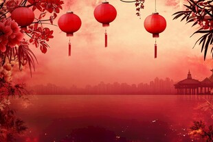 喜庆中式红灯笼湖景画面