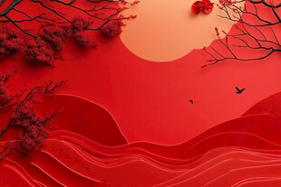 红色剪纸风山水花鸟图景