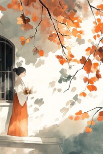 秋日倚窗佳人赏叶图