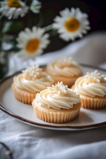精致奶油纸杯蛋糕与雏菊