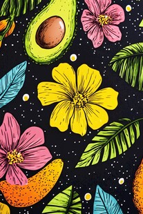 热带花卉与牛油果图案设计