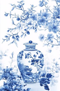 青花瓷瓶与花卉图案