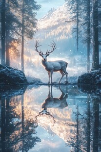 森林湖畔的梦幻白鹿