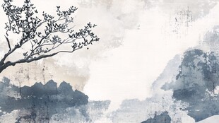 水墨山水间的孤树景致