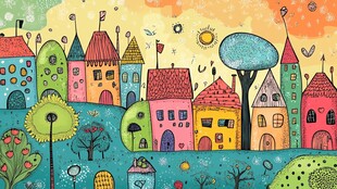 梦幻彩色童话小镇插画