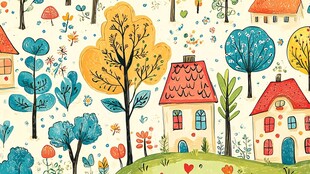 童话风乡村风景插画图案