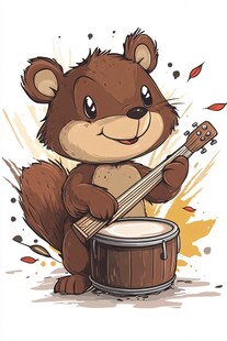 松鼠快乐演奏鼓与弦乐器
