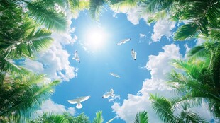 仰望蓝天绿树间飞鸟翱翔