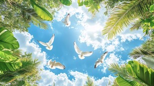 仰望蓝天飞鸟与绿植