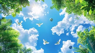 阳光绿荫下白鸽蓝天飞舞