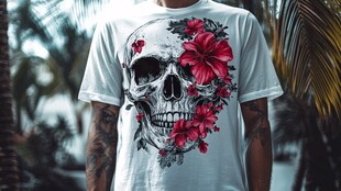 骷髅花卉图案时尚T恤