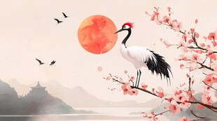 丹顶鹤栖于繁花映日枝头