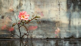 孤艳花枝映斑驳墙面