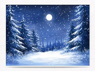 雪夜森林明月梦幻景象