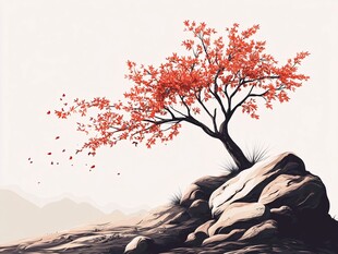 孤树绽红于嶙峋山石间