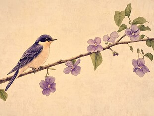 枝头小鸟与紫花的美丽邂逅