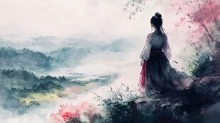 古装女子远眺山水美景