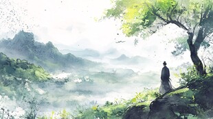 一人赏景于山水绿意间