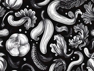 黑白手绘蔬菜花卉图案