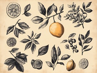 复古风格柠檬枝叶插画