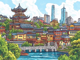 古风与现代交融的城市景观