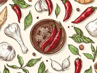 手绘辣椒大蒜香料图案