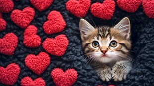 小猫藏身红心织物中