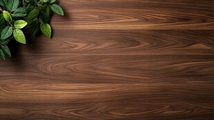 木纹桌面与翠绿枝叶
