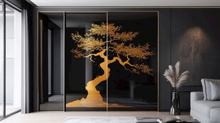 现代客厅中的金色艺术树饰