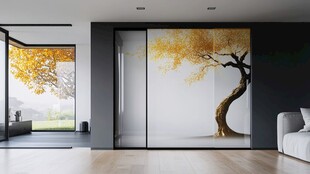 现代客厅中的艺术树景移门