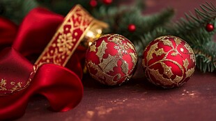 圣诞红金装饰球与丝带