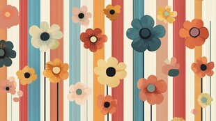 多彩条纹背景上的缤纷花朵