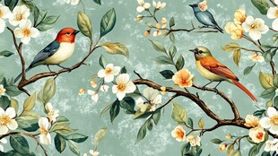 花鸟绘景 枝头灵禽伴繁花