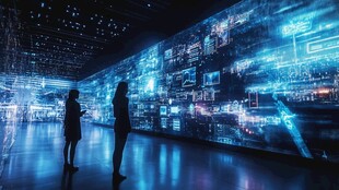 科技展厅 两人凝视数据大屏