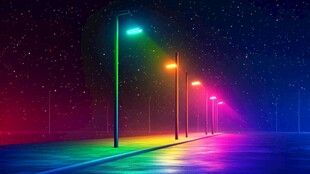 霓虹路灯下的梦幻星空夜景