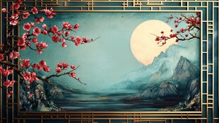 中式月夜山水红梅图景