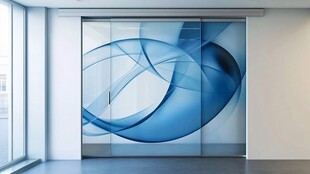 蓝色抽象图案玻璃推拉门