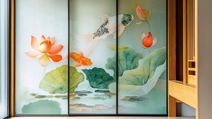 中式荷塘锦鲤屏风装饰画