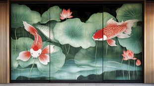 锦鲤戏荷中式屏风画作