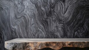 灰纹石墙前的天然木台面