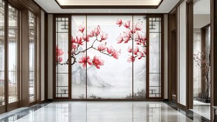 中式雅室 玉兰花墙绘美景