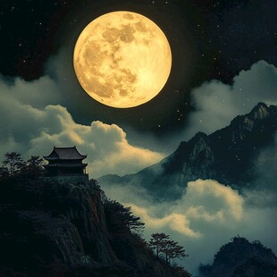 月夜山间古亭梦幻景致