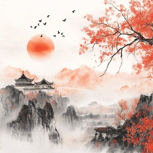 落日映山景 古建飞鸟图