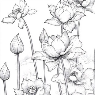 水墨风荷花黑白线稿图