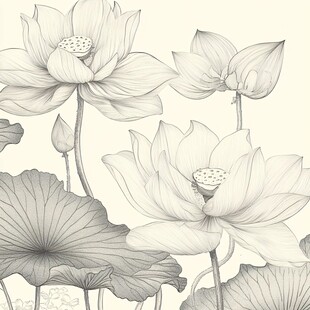 水墨风荷花花卉线稿图