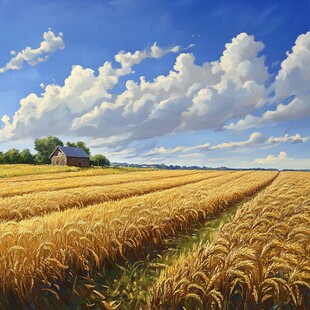 麦田中的孤屋与蓝天白云