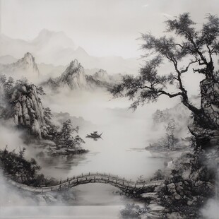水墨山水间孤舟过桥景