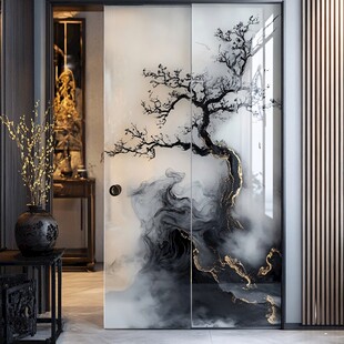 中式玄关门板水墨树影图